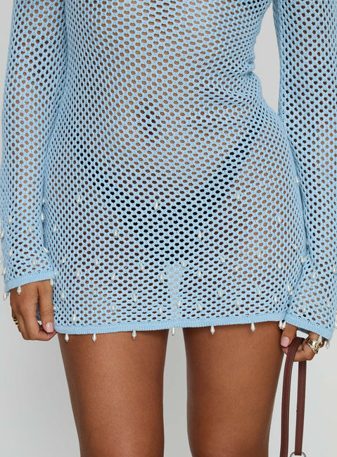 Rain Music Long Sleeve Beaded Knit Mini Dress Blue