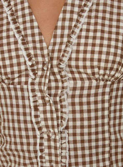 Bradlie Frill Detail Short Sleeve Blouse Top Chocolate Gingham