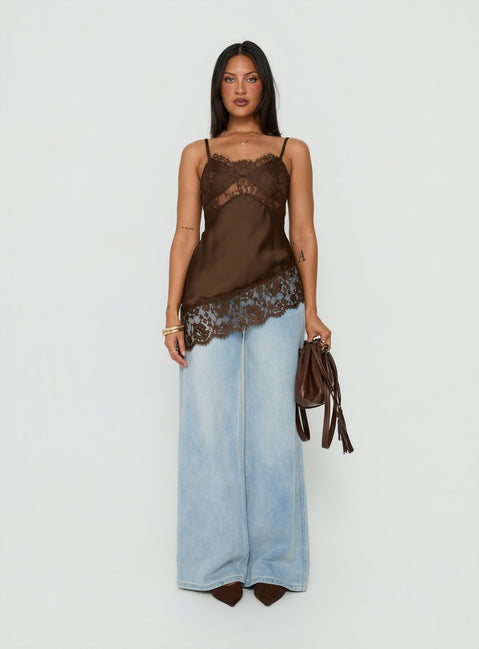Cleosa Asymmetrical Lace Trim Satin Top Chocolate