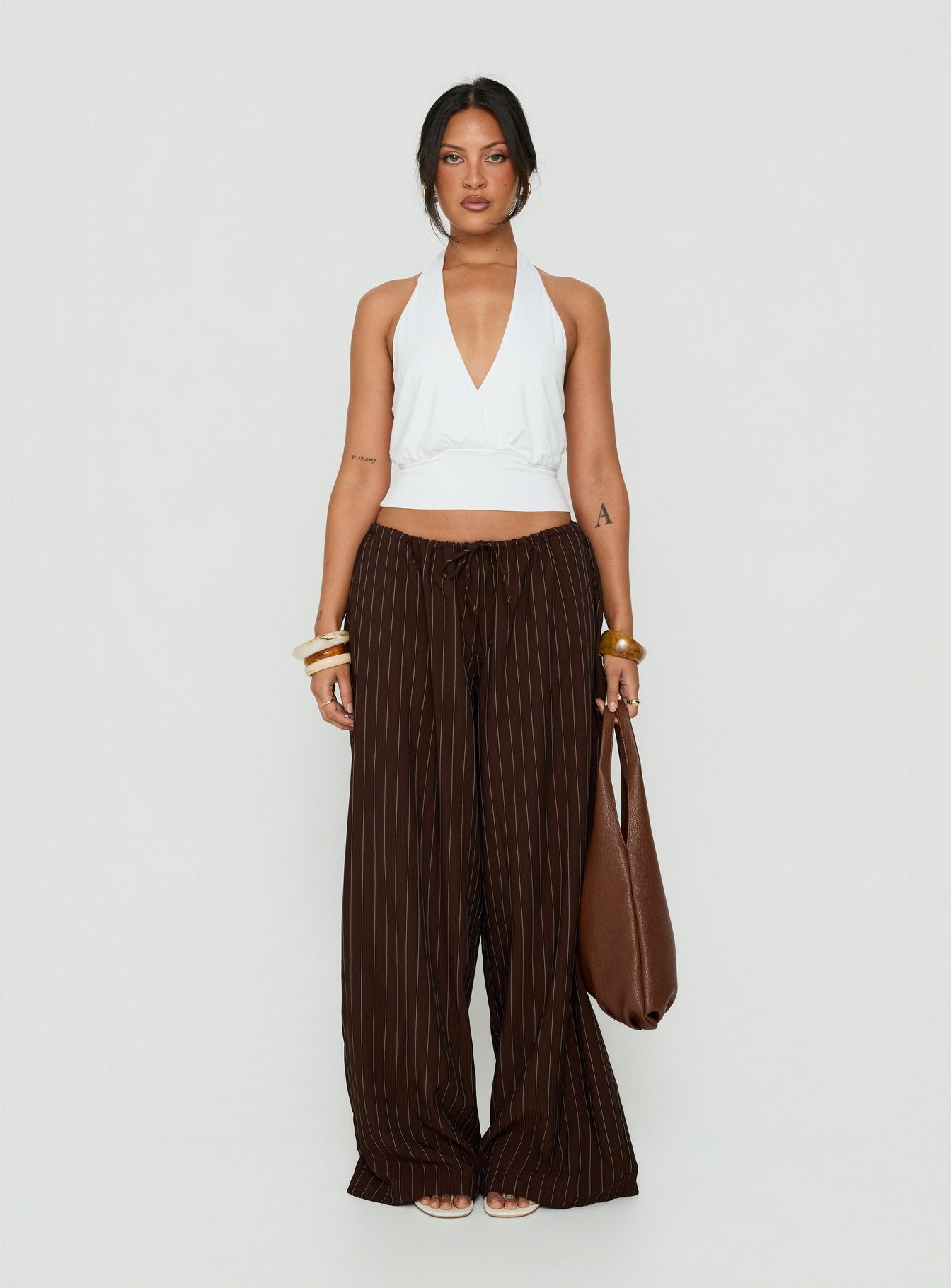 Bungala Oversized Relaxed Pants Brown Pinstripe