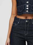 Dark wash denim shorts, pinstripe print Belt looped waist, five pocket design, zip and button fastening Non-stretch material, unlined 