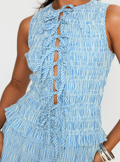 back view of model wearing Princess Polly Songbird Shirred Maxi Dress Blue Crew Neck 