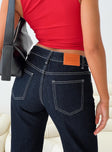 Dark denim jeans, high rise Belt looped waist, classic five pocket design, slim leg Non-stretch material, unlined 
