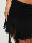 Front view of model wearing  front Maidie Asymmetric Ruffle Mini Skirt Black Princess Polly  Mini Skirts 