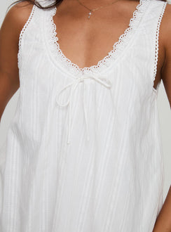 back view of model wearing Princess Polly Antiquity Swing Mini Dress White Petite V-Neck 