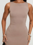 front view of model wearing Princess Polly Karreey Mini Dress Mocha Crew Neck 