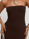 back view of model wearing Princess Polly Bellaire Strapless Maxi Dress Brown Straight Neck 