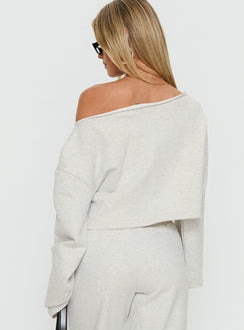 back view of model wearing Princess Polly Retreat Raw Edge Off Shoulder Jumper Snow Marle cropped 