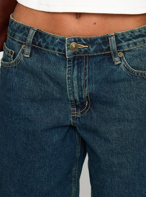 product Princess Polly Cult Classic Longline Denim Shorts Vintage Wash Low Rise Shorts 