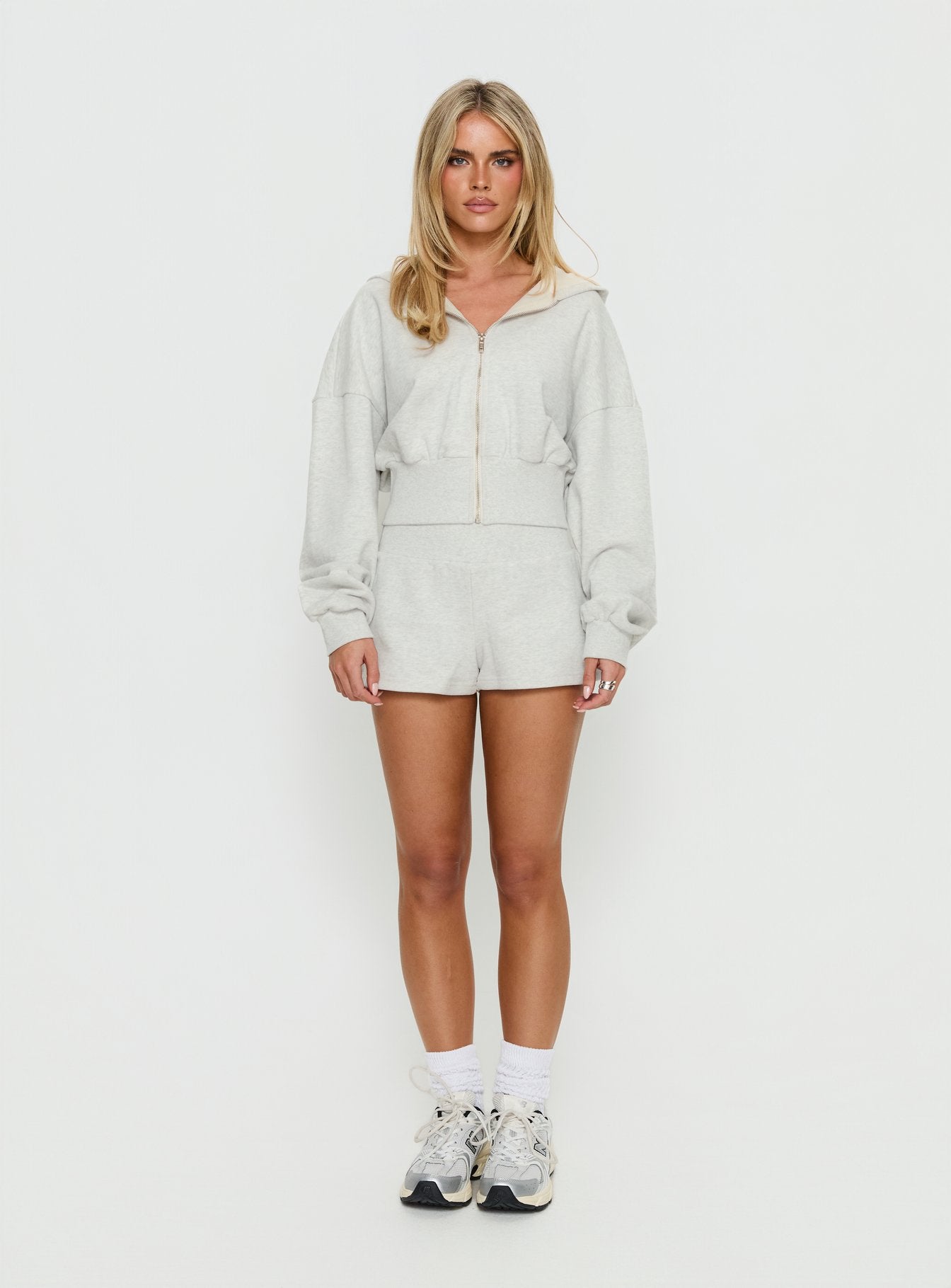 side view of model wearing Princess Polly Daytime Cropped Blouson Hoodie Snow Marle 