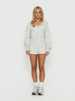 side view of model wearing Princess Polly Daytime Cropped Blouson Hoodie Snow Marle 