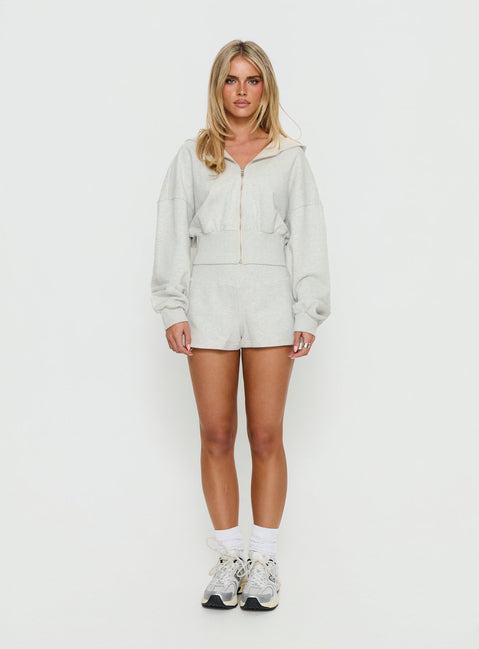 side view of model wearing Princess Polly Daytime Cropped Blouson Hoodie Snow Marle 