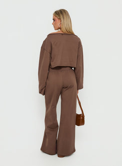 back view of model wearing Princess Polly Peaks Flared Track Pants Cocoa Mid Rise Pants 
