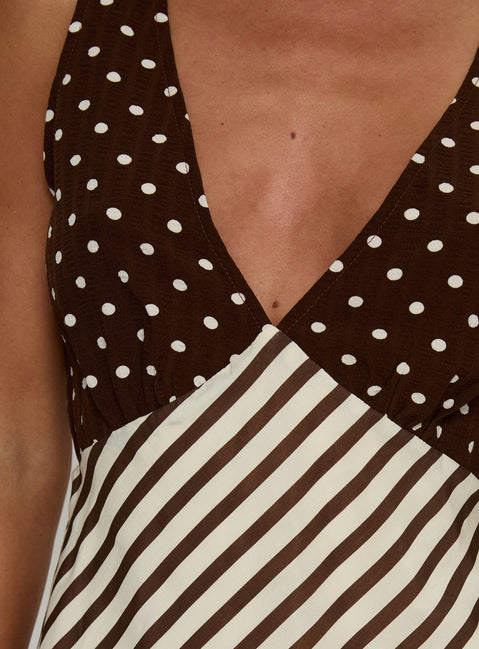 Nellie Mini Dress Brown Polka / Stripe | Princess Polly Nellie Mini Dress Brown Polka / Stripe | Princess Polly