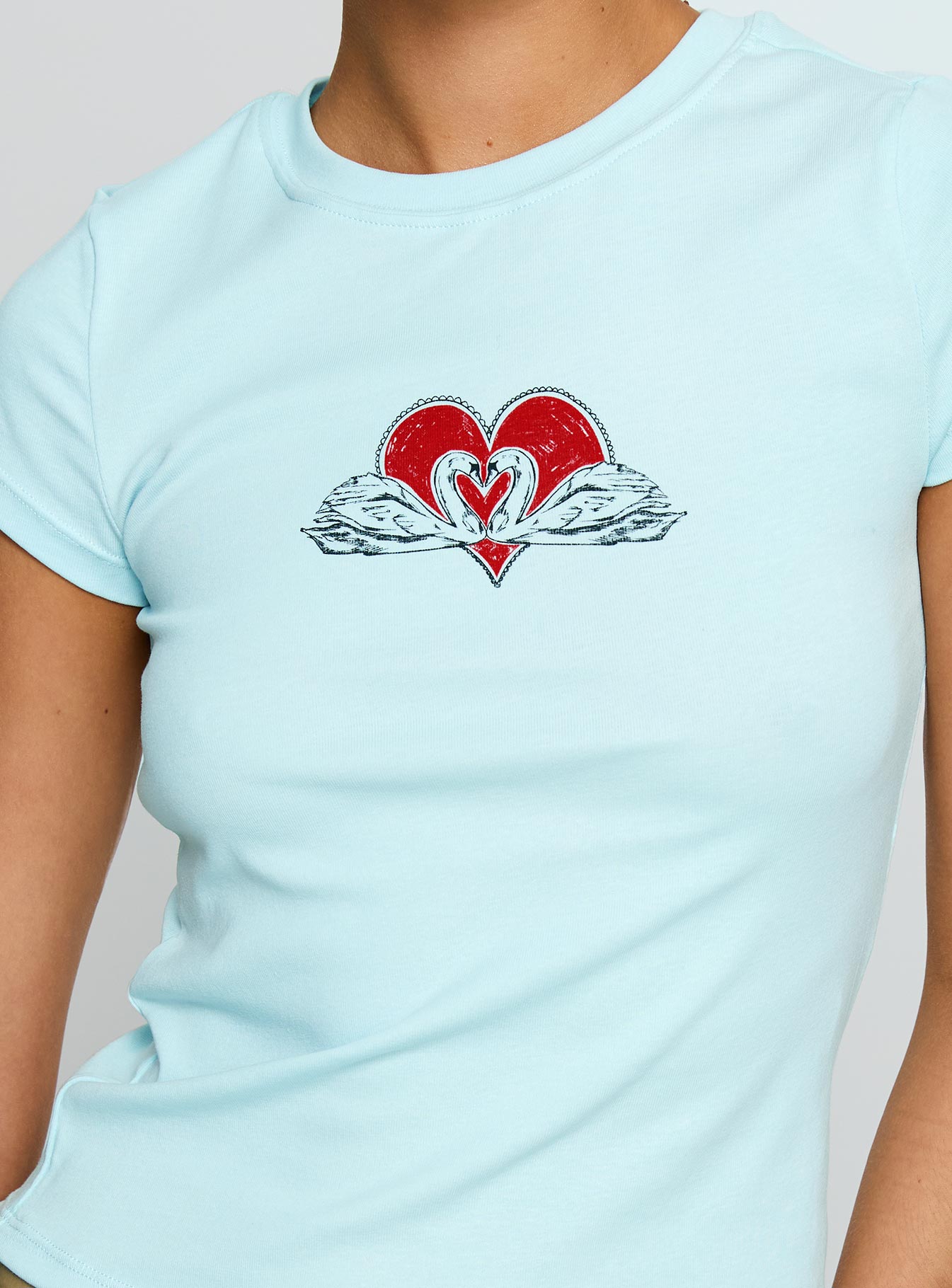 back view of model wearing Princess Polly Sweet Swans Baby Tee Blue Short Sleeves Crew Neck 