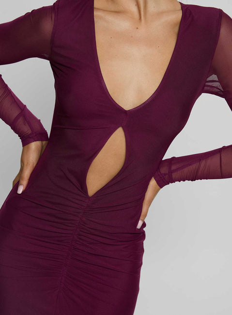 Darkside Long Sleeve Cut Out Plunge Maxi Dress Plum