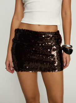   front view of model wearing Princess Polly Lanita Sequin Mini Skirt Chocolate Mini Skirts 