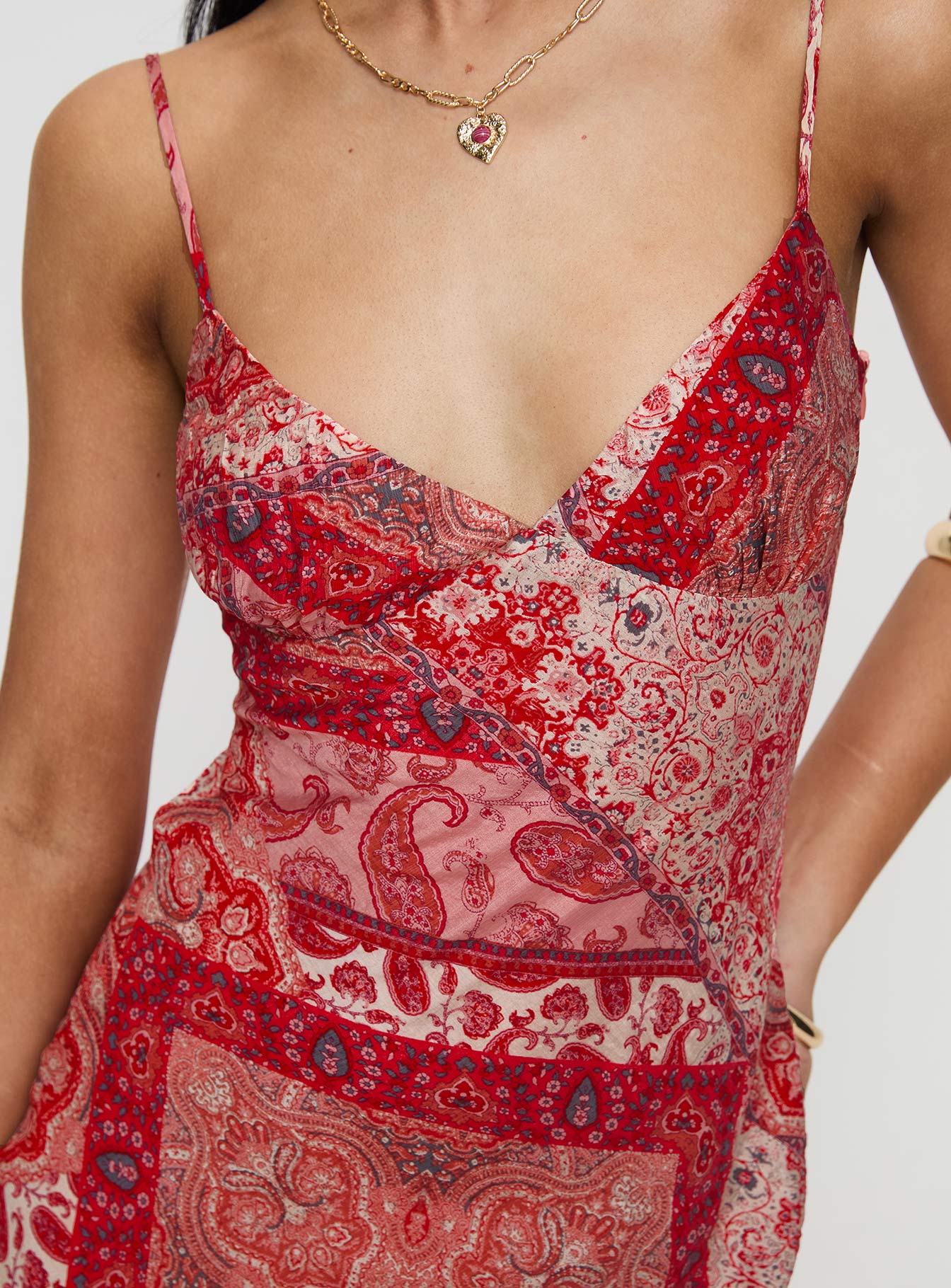 back view of model wearing Princess Polly Sugar Plum Maxi Dress Red Paisley V-Neck 