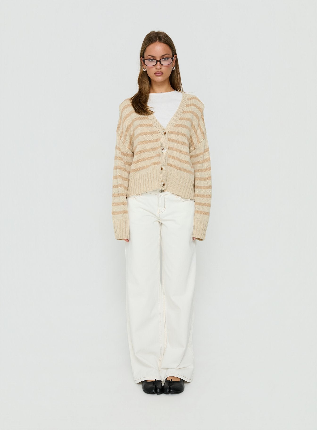 Discover the Karlson Striped Cardigan in womens-jumpers with short oversized fit front view of model wearing Princess Polly
