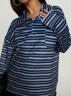 back view of model wearing Princess Polly Mystris Collared Jumper Blue Stripe Longline Jumpers 