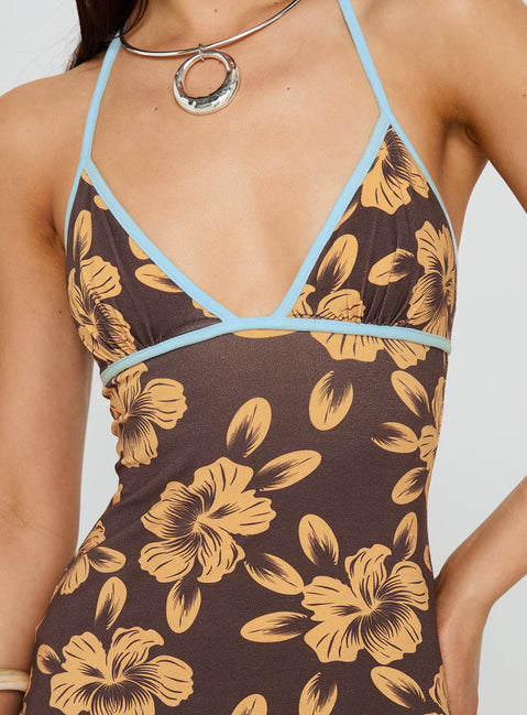 Mishie Halter Mini Dress Brown / Blue Floral | Princess Polly Mishie Halter Mini Dress Brown / Blue Floral | Princess Polly