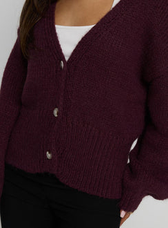 back view of model wearing Princess Polly Yasmyn Knit Cardigan Burgundy 