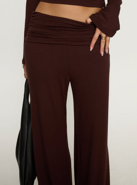 back view of model wearing Princess Polly Fawne Ruched Folded Pants Brown Mid Rise Pants 