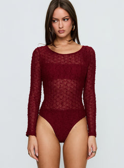 front view of model wearing Princess Polly Harly Sheer Long Sleeve Bodysuit Red Long Sleeve Tops 
