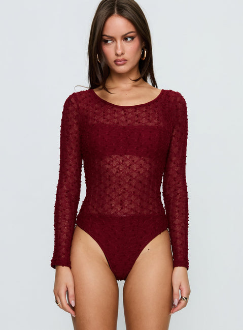front view of model wearing Princess Polly Harly Sheer Long Sleeve Bodysuit Red Long Sleeve Tops 