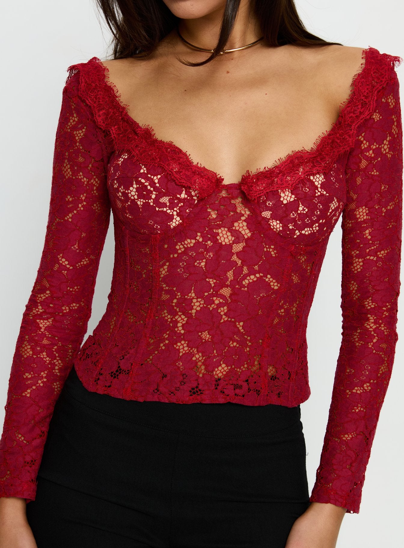 Miquela Long Sleeve Corset Lace Top Red