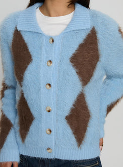 front view of model wearing Princess Polly Lynnsey Fluffy Collared Knit Sweater Blue Argyle Cropped 