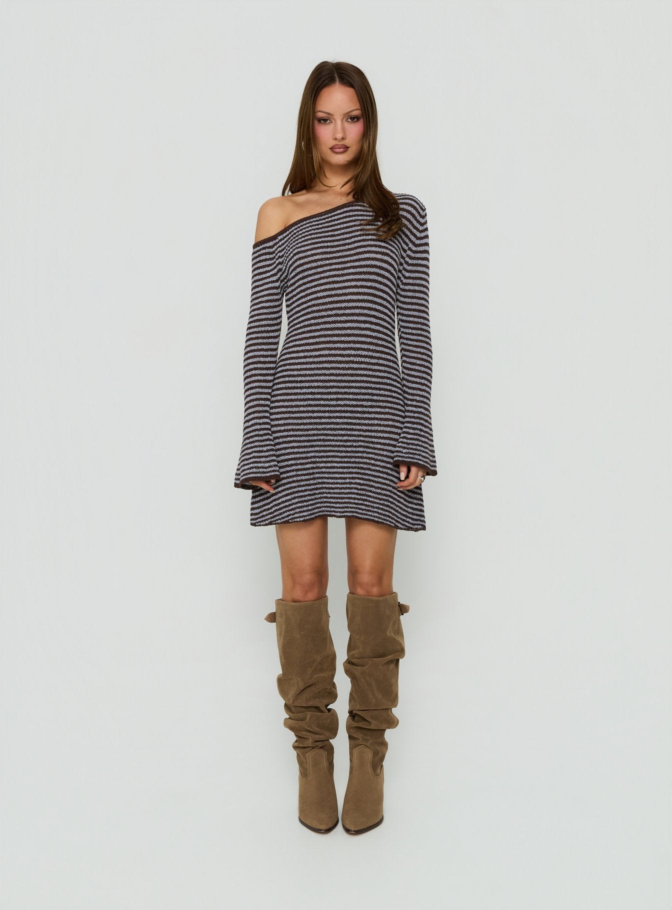 Katileya Off Shoulder Long Sleeve Mini Dress Brown / Blue Stripe