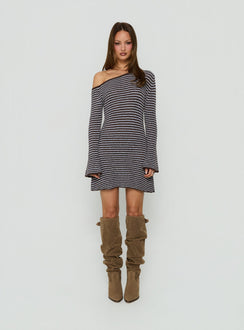 Katileya Off Shoulder Long Sleeve Mini Dress Brown / Blue Stripe