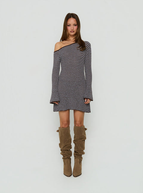 Katileya Off Shoulder Long Sleeve Mini Dress Brown / Blue Stripe