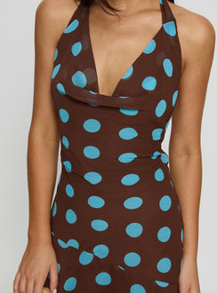 Karolie Halter Plunge Mini Dress Brown / Blue Polka Dot