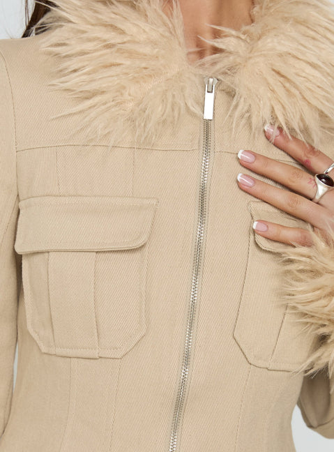 Nindie Faux Fur Contrast Jacket Tan
