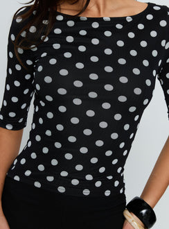 Venna 3/4 Sleeve Boat Neck Top Black / White Polka
