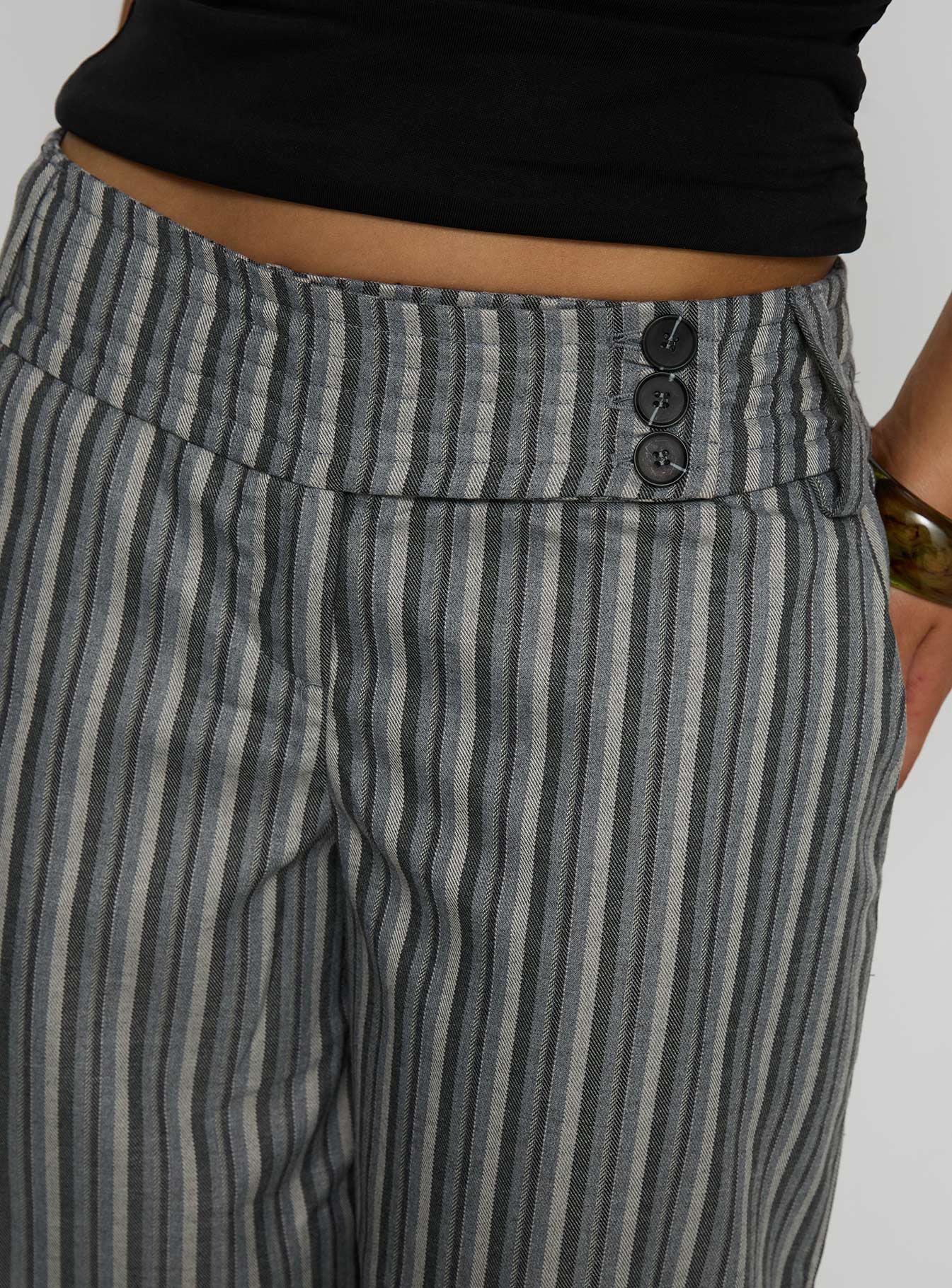 back view of model wearing Princess Polly Cedars Low Rise Pant Grey Stripe Low Rise Pants 