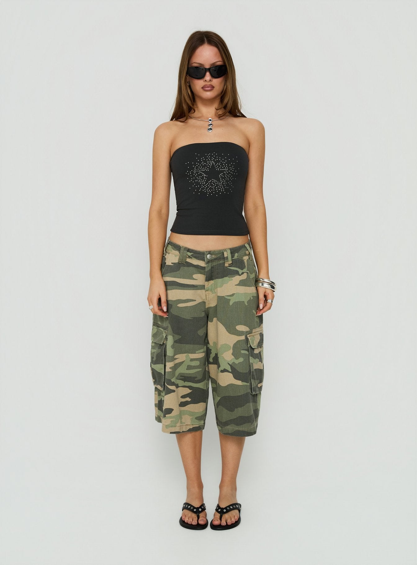 Shimmering Studded Strapless Top Charcoal