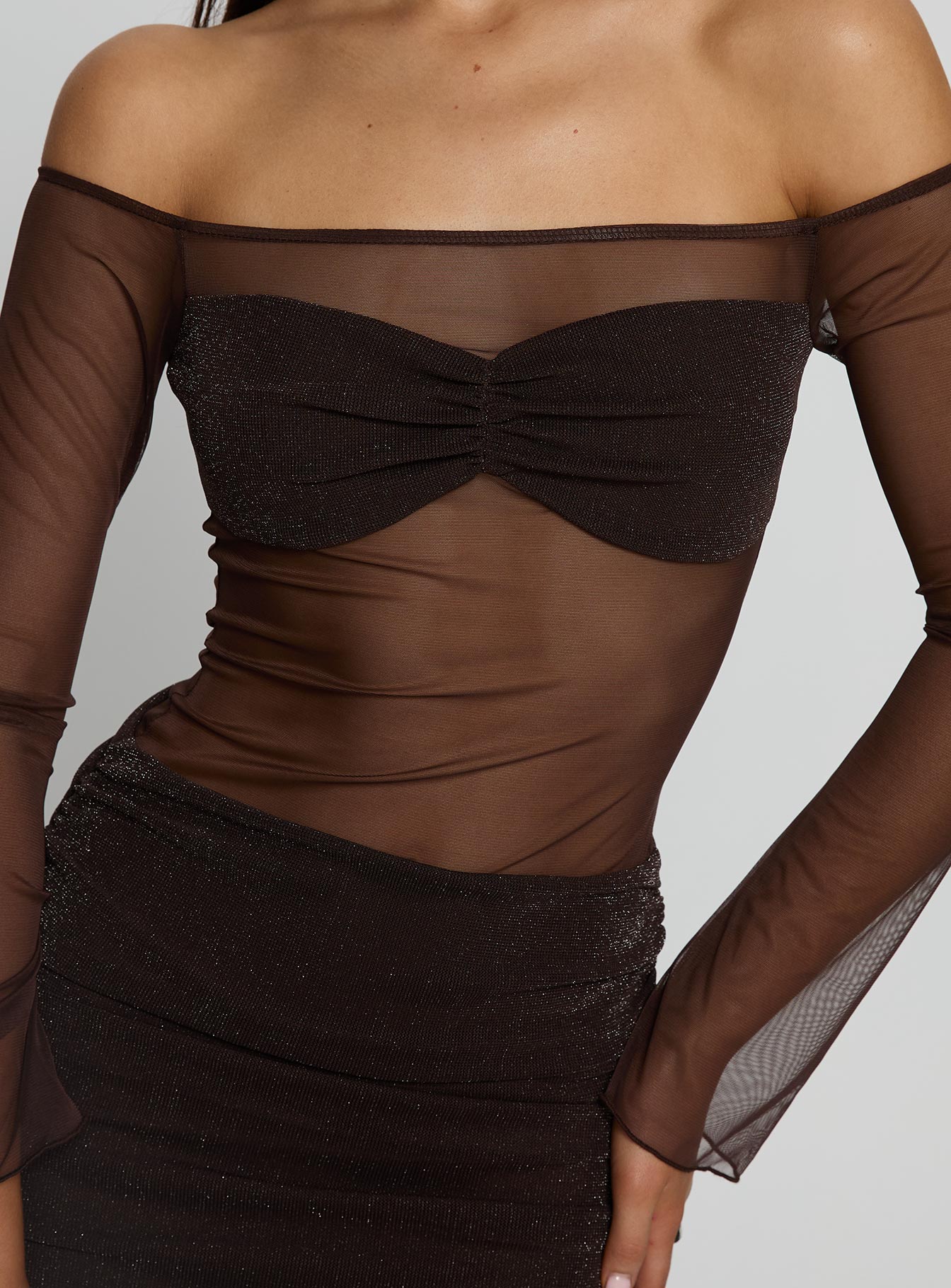 Briseida Mesh Long Sleeve Mini Dress Chocolate | Princess Polly Briseida Mesh Long Sleeve Mini Dress Chocolate | Princess Polly