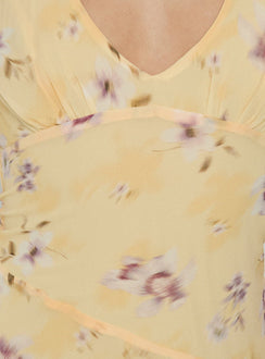 Isidorah Halter Pleat Mini Dress Blurred Yellow Floral