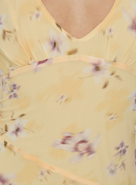 Isidorah Halter Pleat Mini Dress Blurred Yellow Floral