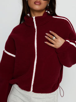 front view of model wearing Princess Polly Sammee Polar Fleece Contrast Zip Through Jacket Red Cropped Jumpers 