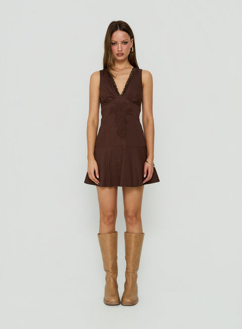 Splashy Lace Trim Mini Dress Chocolate