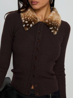 front view of model wearing Princess Polly Chiqueeta Faux Fur Trim Knit Cardigan Brown 