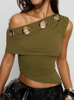 Noteworthy Eyelet Detail Off Shoulder Top Olive