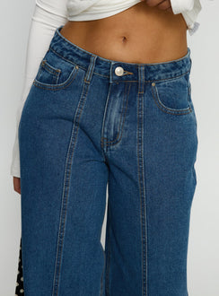 back view of model wearing Princess Polly Lando Low Rise Straight Leg Jeans Mid Blue Wash Mid Rise Jeans 