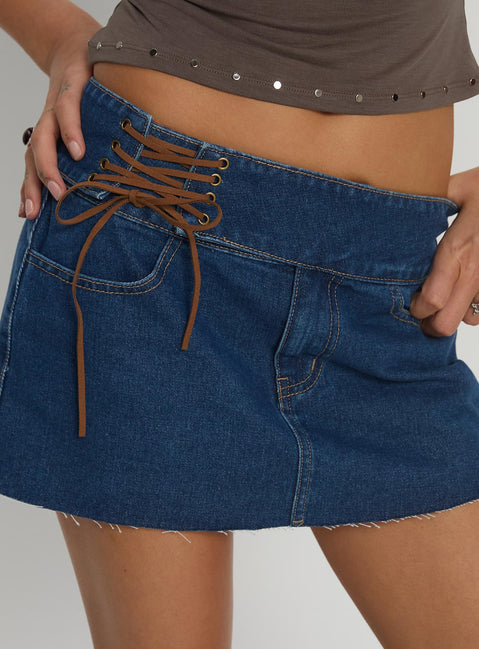   front view of model wearing Princess Polly Indie Tie Up Mini Skirt Mid Wash Mini Skirts 