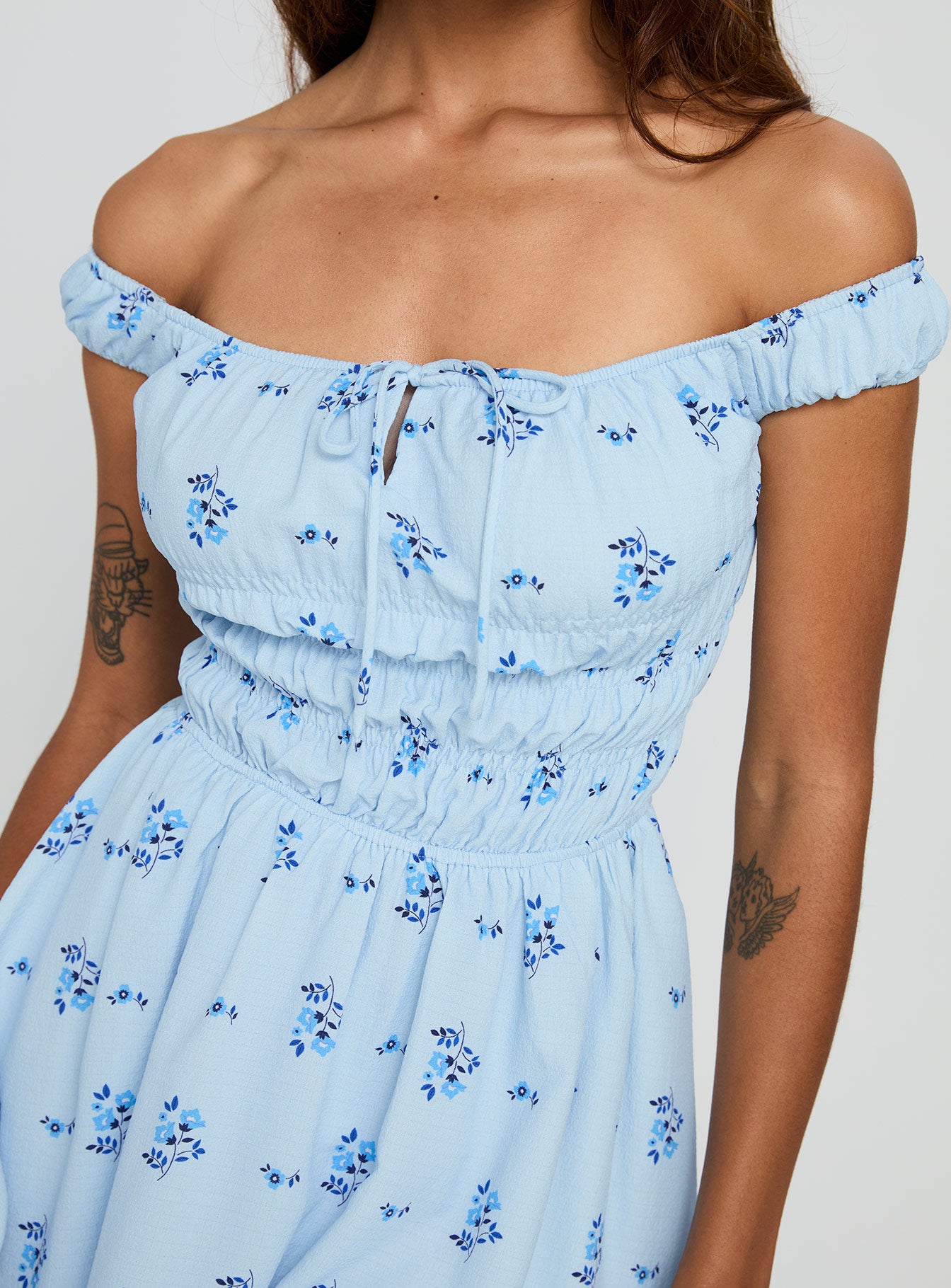 front view of model wearing Princess Polly These Are The Days Shirred Mini Dress Blue Multi Straight Neck 