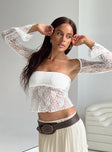 Lace two-piece top Strapless crop top, elasticated band at bust Matching bolero, flared cuff 